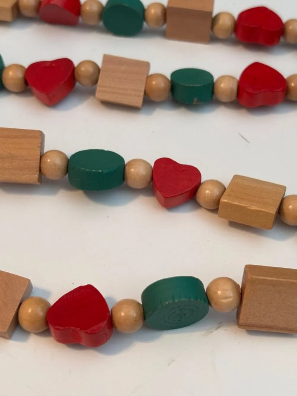 Vintage Wooden Bead Garland - Red Green & Natural Shapes - Heart Circle Square -